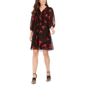 Ann Taylor Rlack Red Floral Short Sleeve Shift Dress Size 12